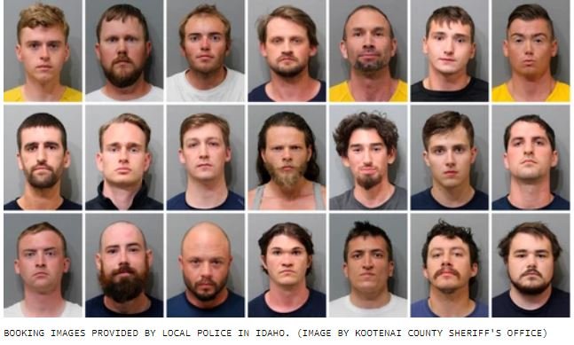 A collage of 20 mugshots of men arranged in four rows, taken by the Kootenai County Sheriff's Office in Idaho, as part of a police booking process.