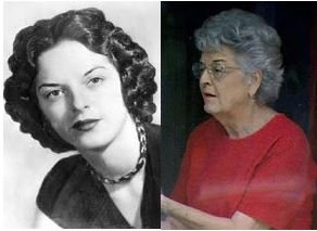A split-screen image showing a black-and-white portrait of a young woman with dark, curly hair on the left, and an older woman with gray hair wearing a red top reading a book or newspaper on the right.
