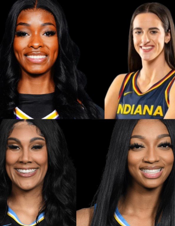 Collage of four women wearing Indiana basketball jerseys, smiling against a black background.