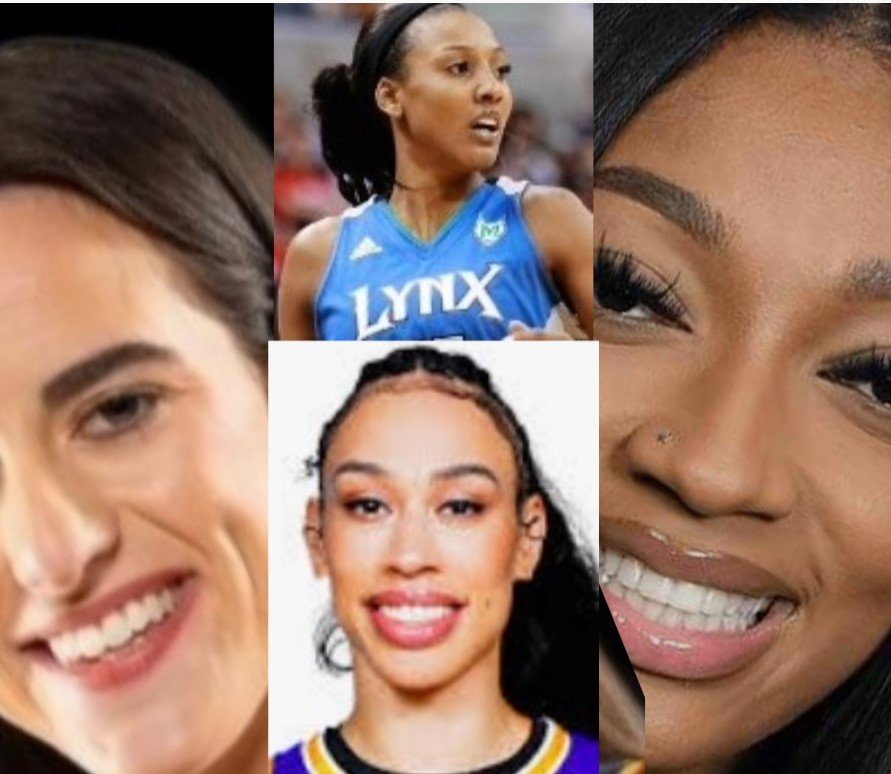 Collage of four women, including a close-up of a smiling woman with dark hair, a woman in a blue Lynx basketball jersey, a woman with braided hair and a big smile, and a woman with a nose piercing and long eyelashes.