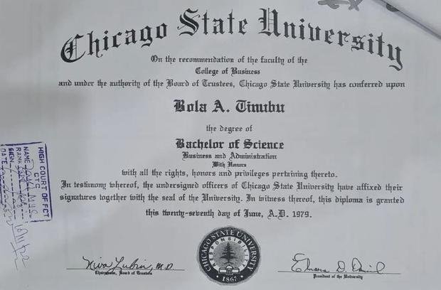 Diploma from Chicago State University awarded to Bola A. Timubu for Bachelor of Science in Business and Administration, dated June 8, 1979.