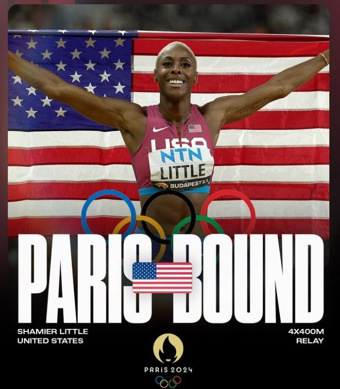 Shamier Little, a female athlete representing the United States, standing with arms outstretched in front of an American flag. She is wearing a pink USA sports top with her name and sponsor logos, and her bib reads "LITTLE". The image features the Olympic rings, the words "PARIS BOUND," and the Paris 2024 Olympic logo, indicating her qualification for the 4x400m relay team for the Paris 2024 Olympics.