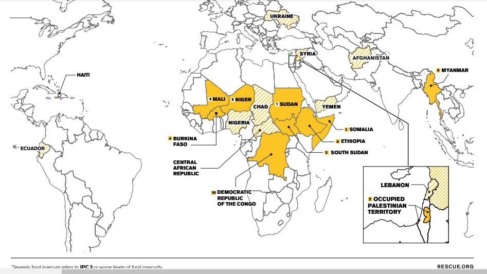 Map of Africa showing countries with food insecurity levels. The map highlights specific countries such as Mali, Niger, Chad, Sudan, South Sudan, Ethiopia, Somalia, and the Democratic Republic of the Congo, with color coding indicating food insecurity severity. An inset shows Lebanon with parts of Palestine and occupied territory.