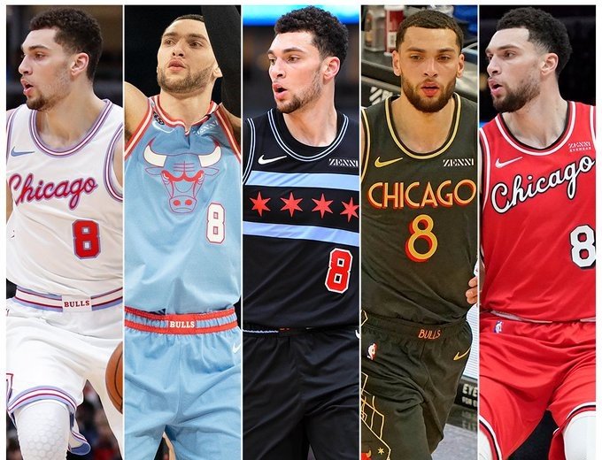Collage of five basketball players wearing Chicago Bulls jerseys from different years.