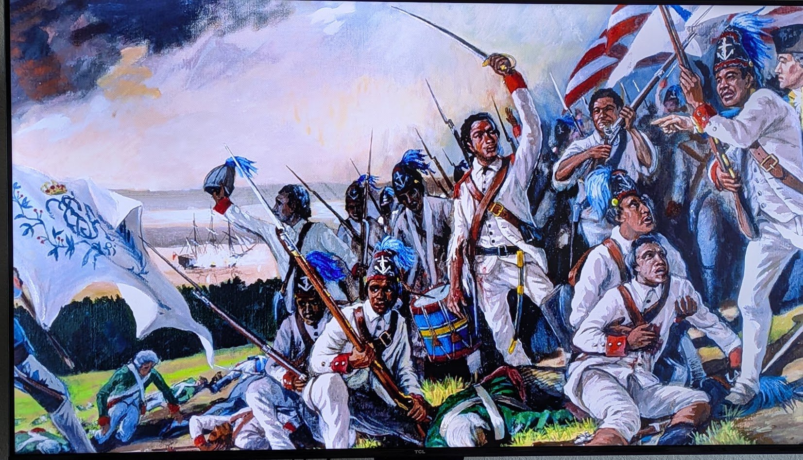 Painting of soldiers in white uniforms with blue feathers on their hats, fighting during a historical battle, with some soldiers kneeling and others standing, holding flags and weapons, under a cloudy sky.