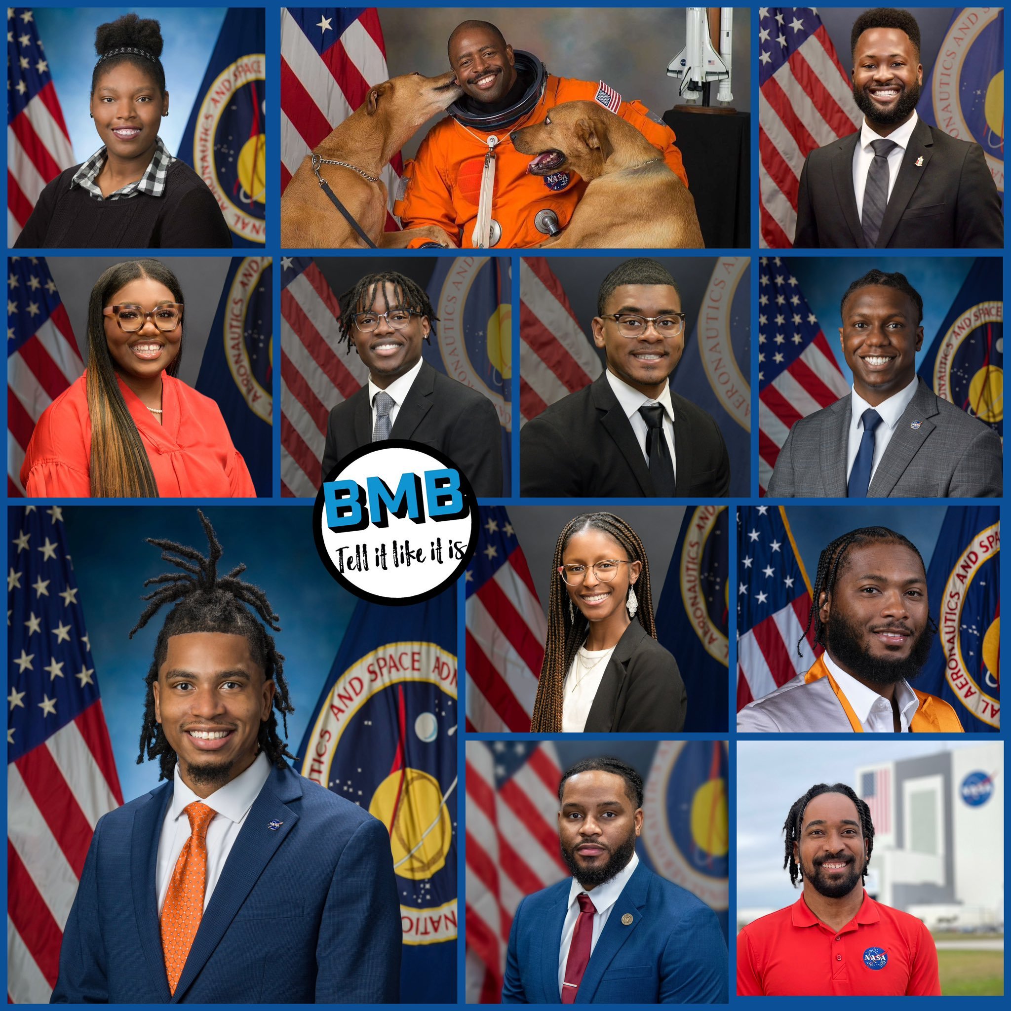 Collage of NASA astronauts and personnel with American flags and NASA logos in the background. Top row features a woman, a man in an orange spacesuit with dogs, and a man in a suit. Middle row shows a woman in a red dress, three men in suits, and a woman in glasses. Bottom row displays a man with dreadlocks in a suit, a man with a beard in a suit, and a man wearing a red NASA polo shirt.
