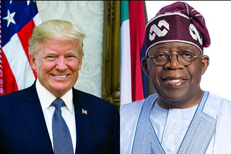 Side-by-side portraits of Donald Trump and a man in traditional Nigerian attire with glasses, all smiling, with American and Nigerian flags in the background.