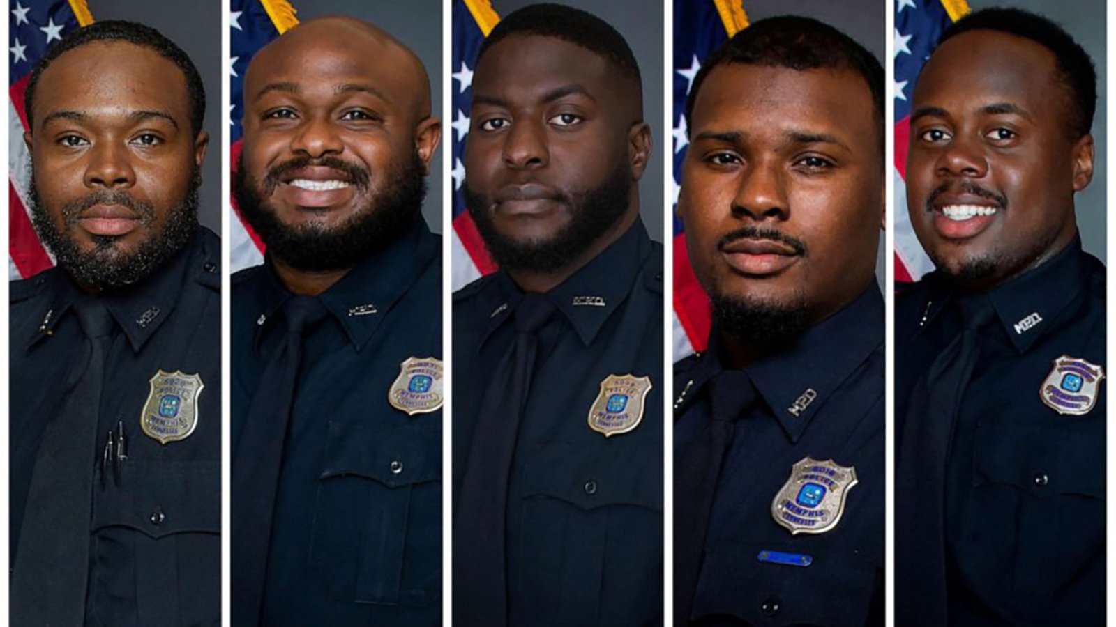 Five African American police officers in uniform, standing in front of American flags, looking at the camera with serious and friendly expressions.