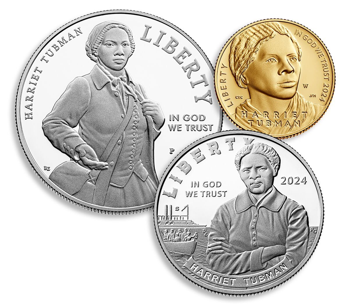 Three Harriet Tubman coins, two in silver and one in gold. The coins feature her portrait and the words "Harriet Tubman" and "In God We Trust."