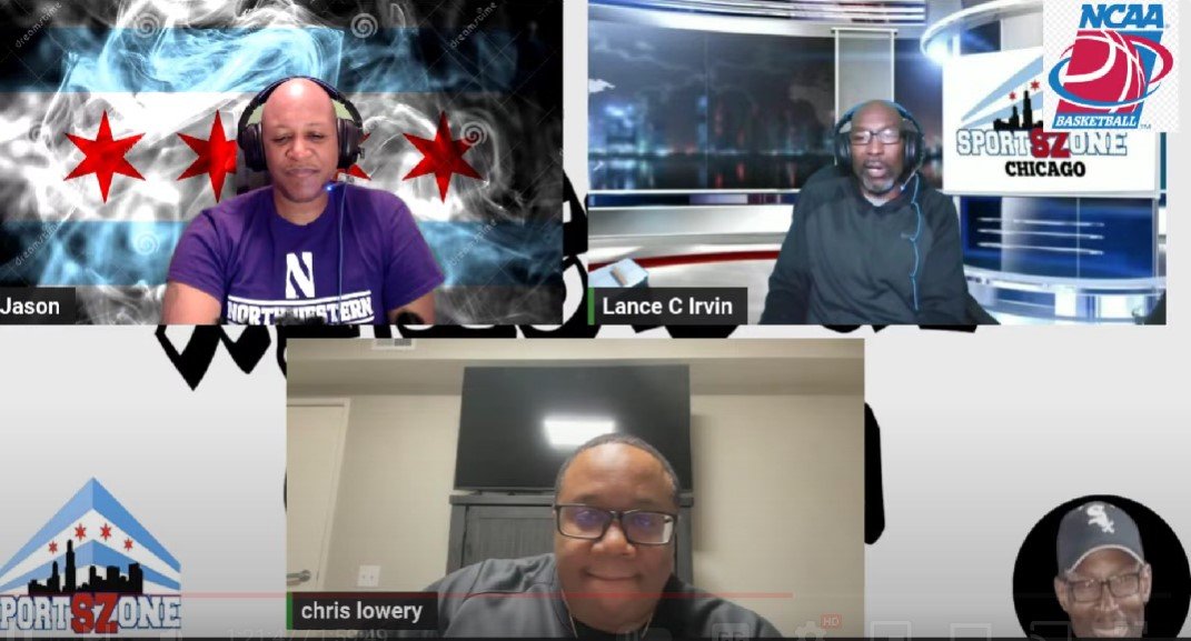 Screenshot of a virtual panel discussion with three men, each in their own video window. The background decor suggests a sports or basketball theme, with logos and text related to NCAA Basketball and Sport Zone Chicago.