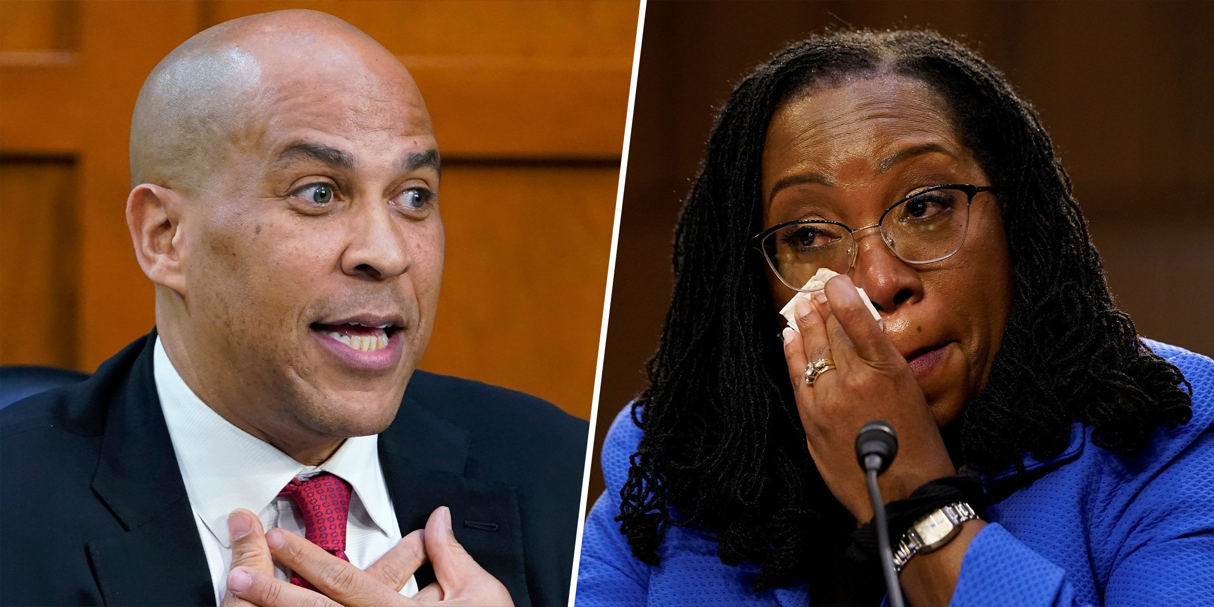 A split image shows a man on the left speaking passionately, wearing a black suit, white shirt, and red tie, with a wooden background. On the right, a woman is wiping tears away while seated at a table with a microphone, wearing a blue top, glasses, and has long black twisted hair, with a dark brown background.