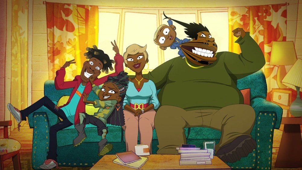 Animated family sitting on a sofa in a living room, smiling and making playful gestures.